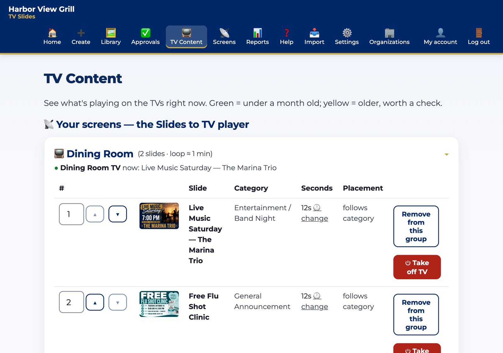 The Slides to TV organization dashboard showing a screen group, its online TV, and the slide rotation