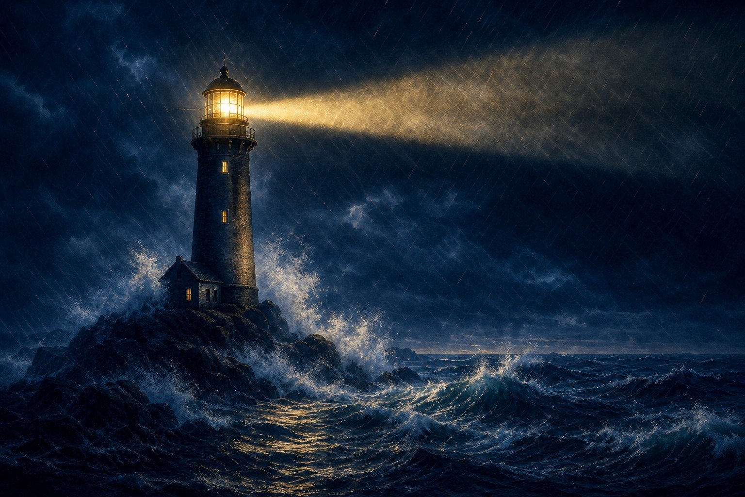 A lighthouse holding its beam through a storm at night