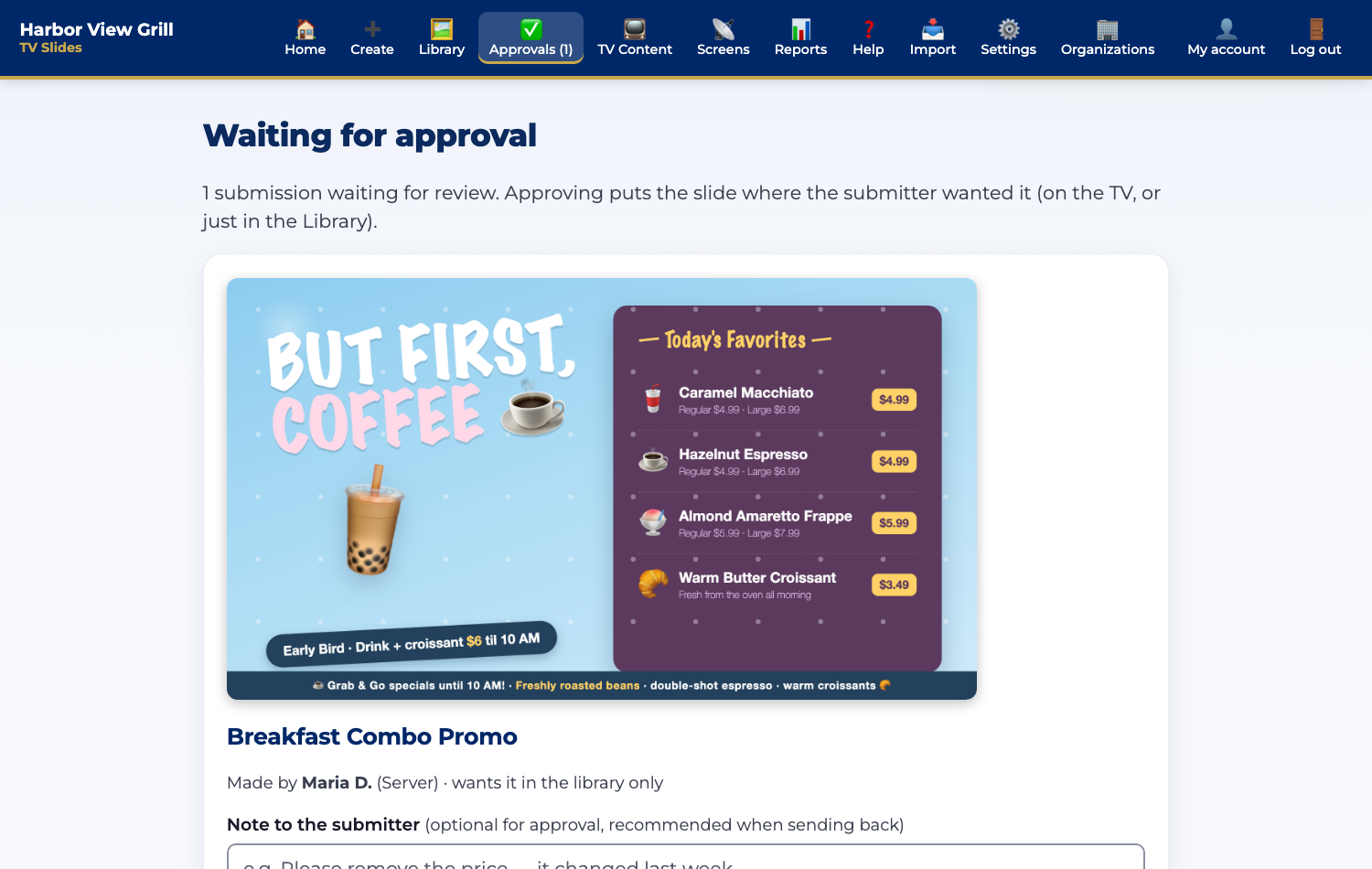 The Approvals queue reviewing a submitted slide
