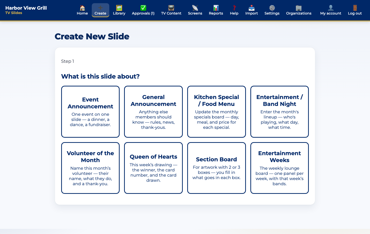 The actual Create screen — answer a few plain questions and the AI builds the slide